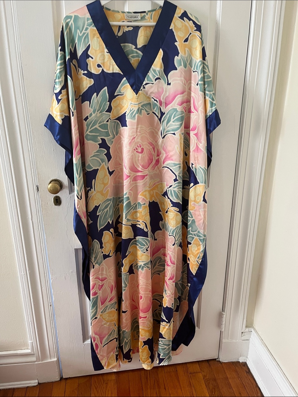 Natori Floral Satin Caftan in Navy, Pink, Yellow and Mint